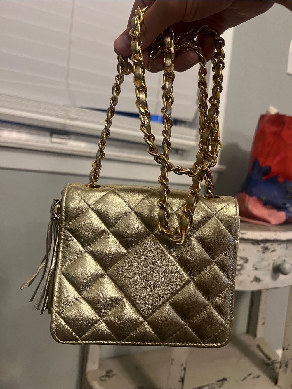 Quilted Metallic Gold Chain-Handle Crossbody Bag